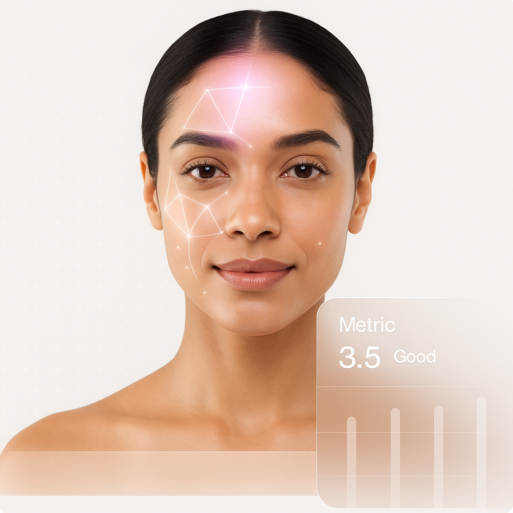 Wanita dengan skin analyzer AI technology menunjukkan analisis wajah dan metrik kulit